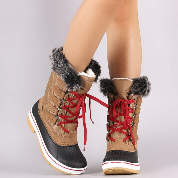 NEW🔥 Waterproof Lace Up Faux Fur Snow Mid Calf Duck Boots Rubber Lug Platform - Picture 4 of 6